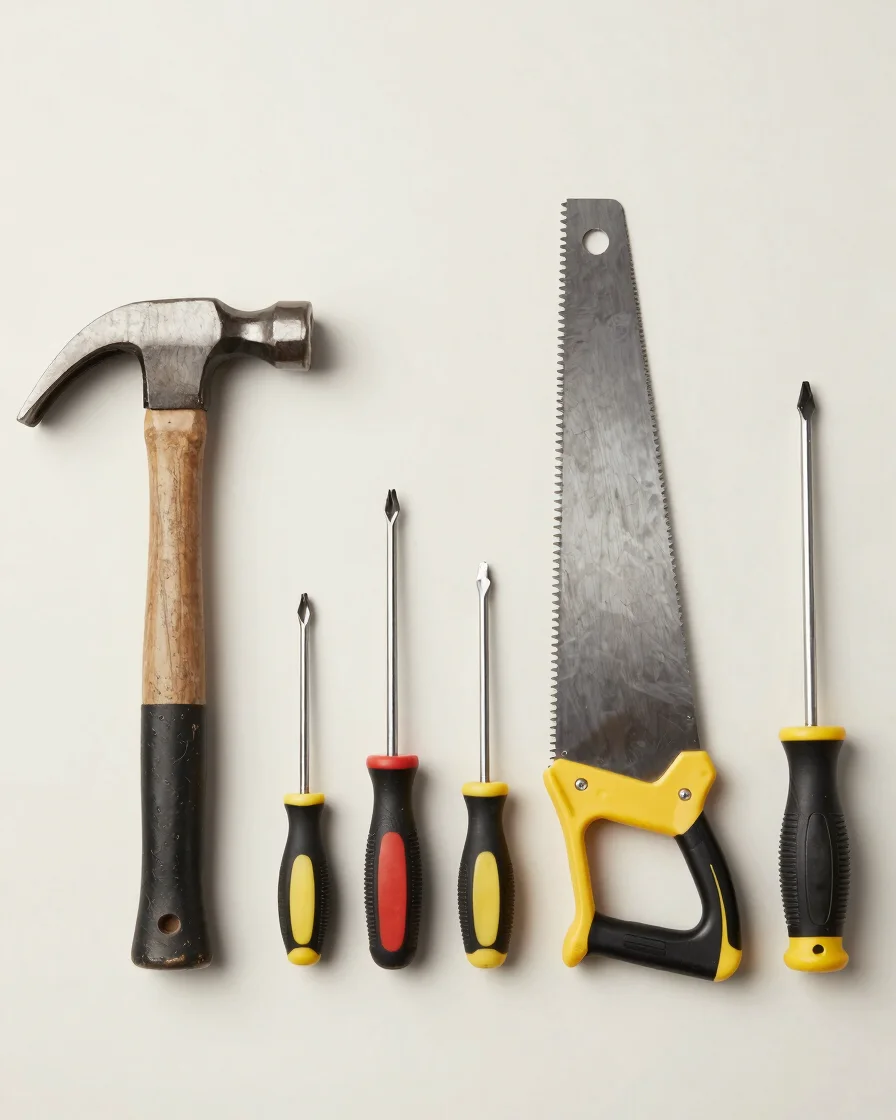 Clean studio catalog photograph of a neat arrangement of hand tools including a claw hammer, a handsaw, and screwdrivers